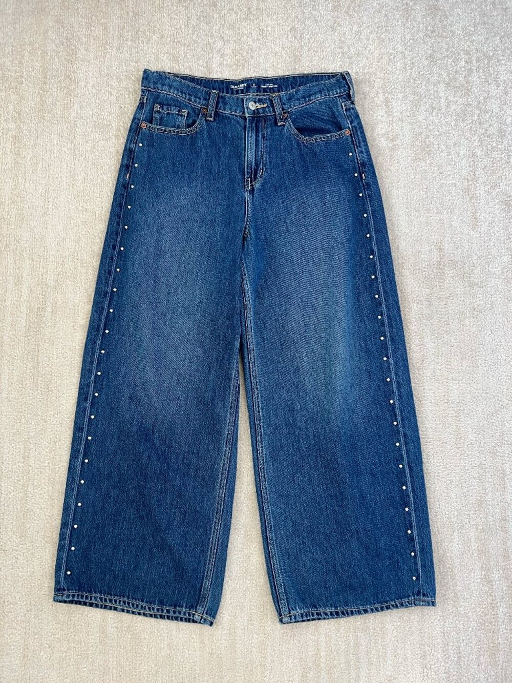 Old Navy Baggy Wide Leg High Rise Studded Jeans Medium Wash Blue 8 Petite